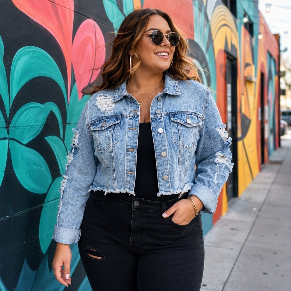 Denim Jacket Women's XL Distressed Cropped Streetwear Festival Grunge Casual